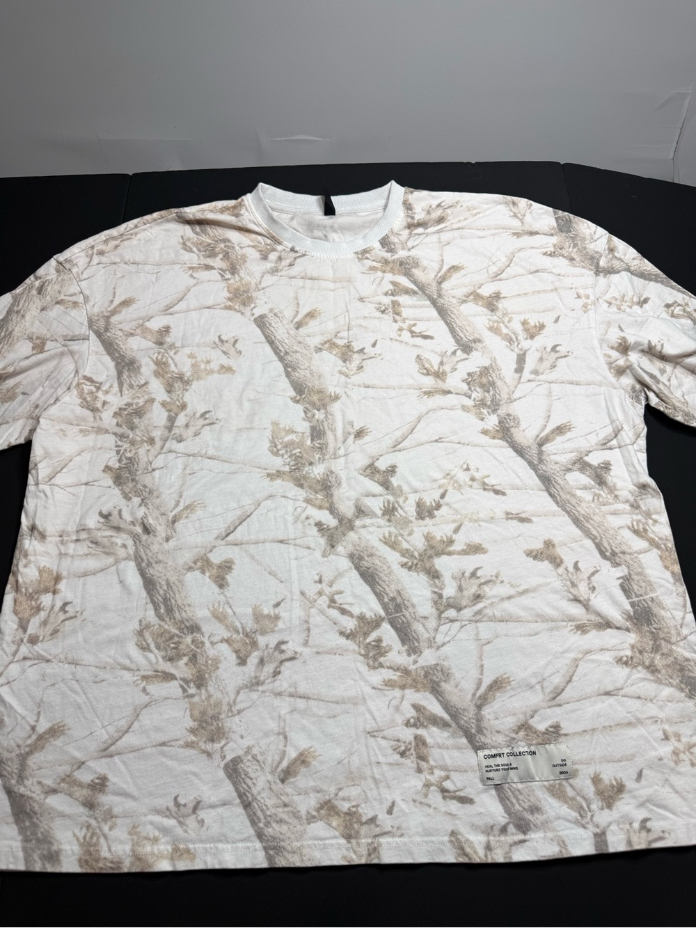 Comfrt  oversized tee.  Camo Crewneck Tee - White with Beige Tree Print.